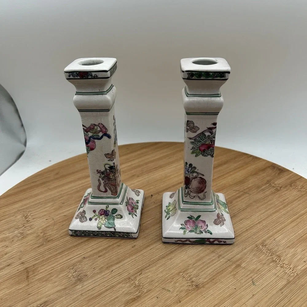 Pair Chinese Porcelain Candle Holders Famille Rose Style Square Base Vintage‎